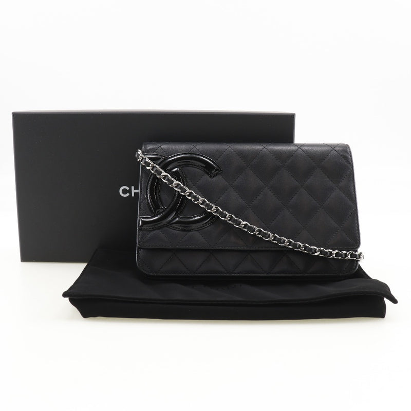 [Chanel] Portefeuille de chaîne Chanel Long portefeuille Cambon Ligne A46646 Calf x Émail Black Snap Bouton Chaîne de chaîne