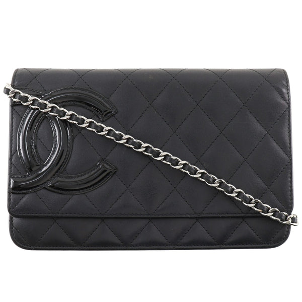 [Chanel] Portefeuille de chaîne Chanel Long portefeuille Cambon Ligne A46646 Calf x Émail Black Snap Bouton Chaîne de chaîne