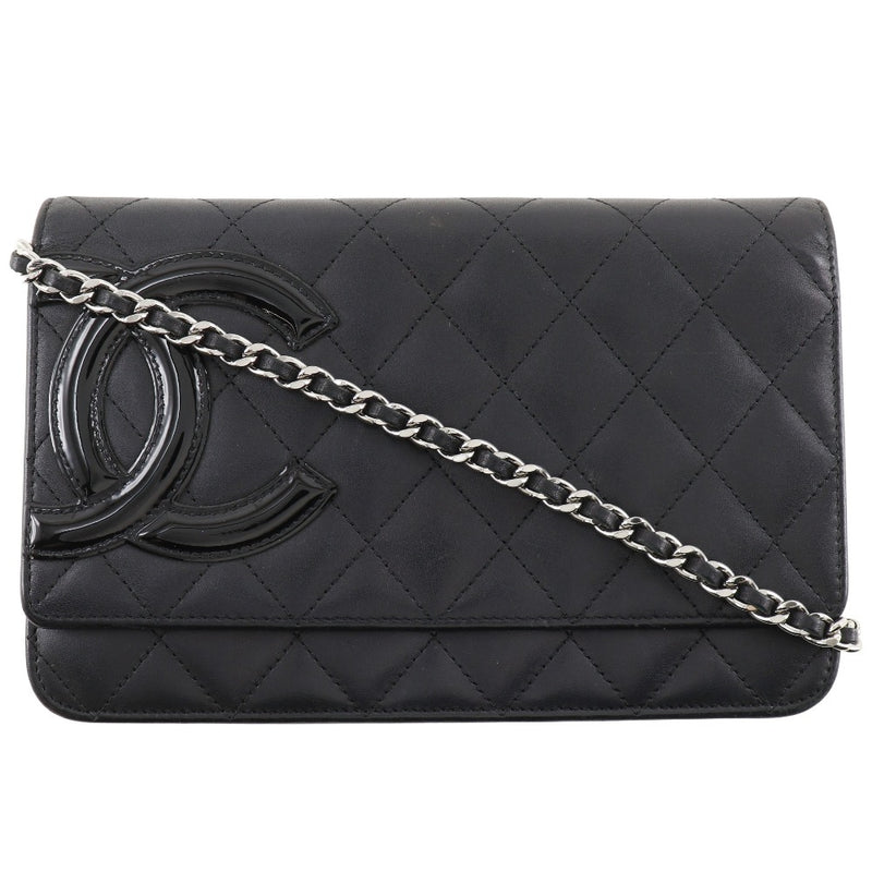 【CHANEL】シャネル
 チェーンウォレット 長財布
 カンボンライン A46646 カーフ×エナメル 黒 スナップボタン Chain wallet レディースB-ランク