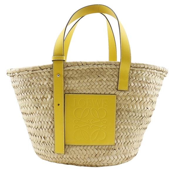 【LOEWE】ロエベ
 バスケットバッグ トートバッグ
 カゴバッグ ラフィア×レザー 黄 肩掛け 手提げ A4 オープン Basket bag レディースA-ランク