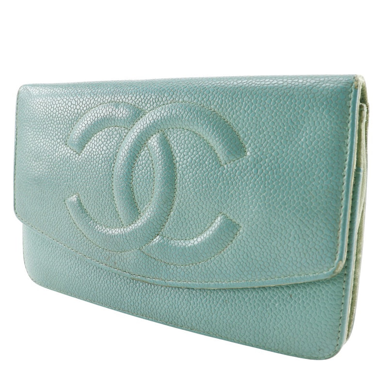 [Chanel] Chanel COCO Mark Billetera larga lambbskin cyan snap botón Coco Mark Ladies