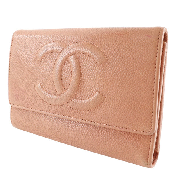 [CHANEL] Chanel COCO Mark Three -foldWallet Caviar skin Raspberry Pink Snap button COCO Mark Ladies