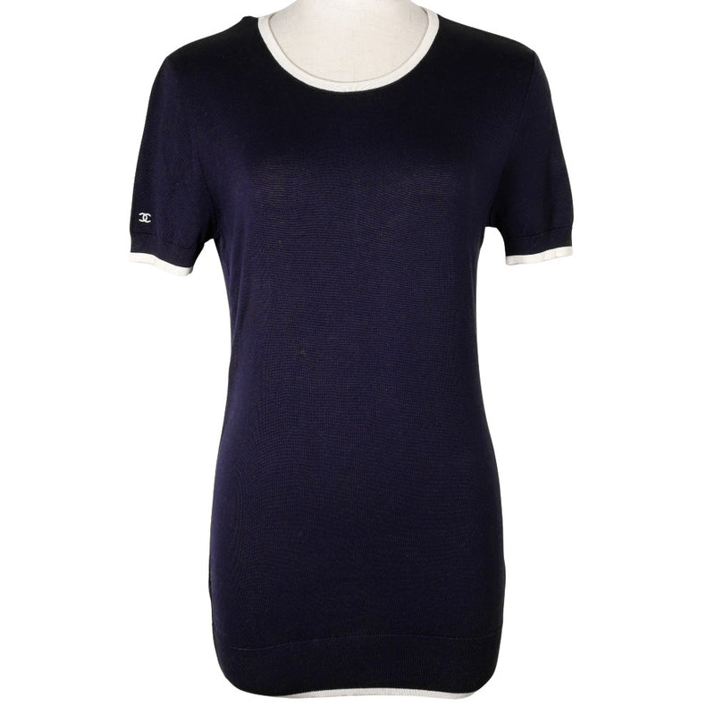 [CHANEL] Chanel Short Sleeve Knit 96P P06382 Cotton Navy Short Sleeve Ladies