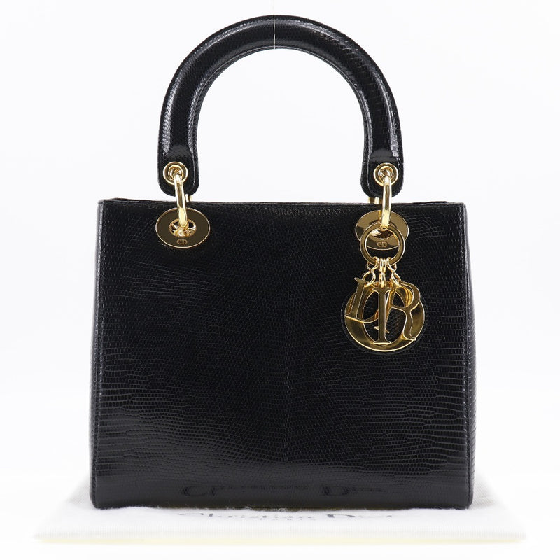 [DIOR] Christian Dior Ladyol Handbag Lizard Black Handscape Fastener Lady Dior Ladies A-Rank