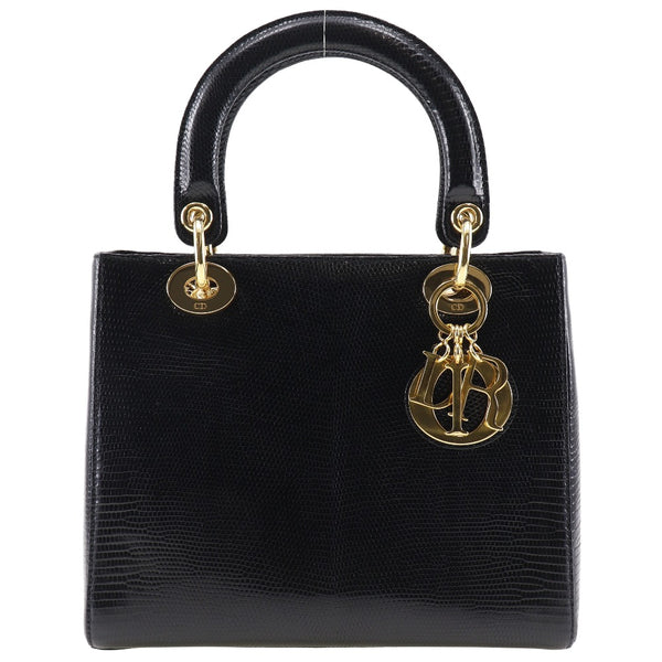 [DIOR] Christian Dior Ladyol Handbag Lizard Black Handscape Fastener Lady Dior Ladies A-Rank