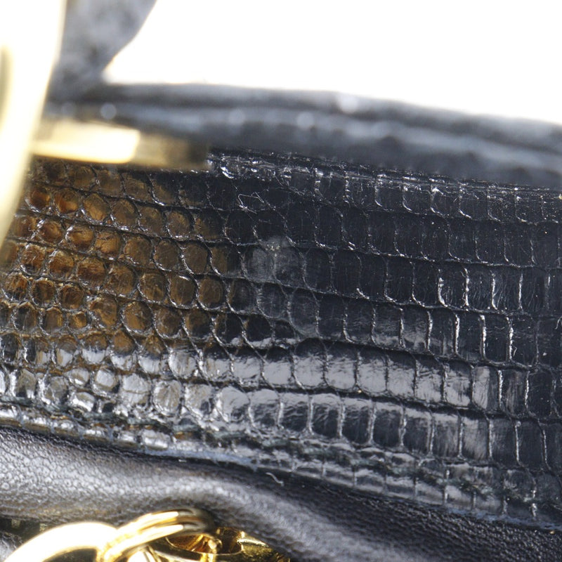 [DIOR] Christian Dior Ladyol Handbag Lizard Black Handscape Fastener Lady Dior Ladies A-Rank