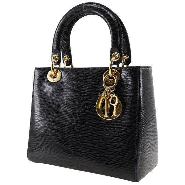 [Dior] Christian Dior Ladies Handbag Dior Lizard Producto Negro Azuelo de productos de la mano Diora Dior A-Rank