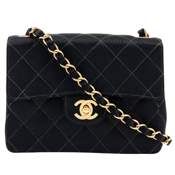 [CHANEL] Chanel 
 miniChainShoulder Shoulder Bag
 Matelasse Satin Black diagonal shoulder turn lock mini chainshowder Ladies A-Rank