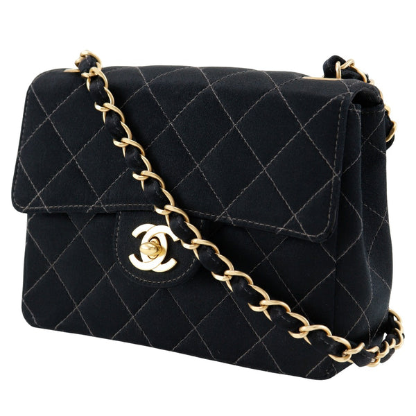 [CHANEL] Chanel 
 miniChainShoulder Shoulder Bag
 Matelasse Satin Black diagonal shoulder turn lock mini chainshowder Ladies A-Rank