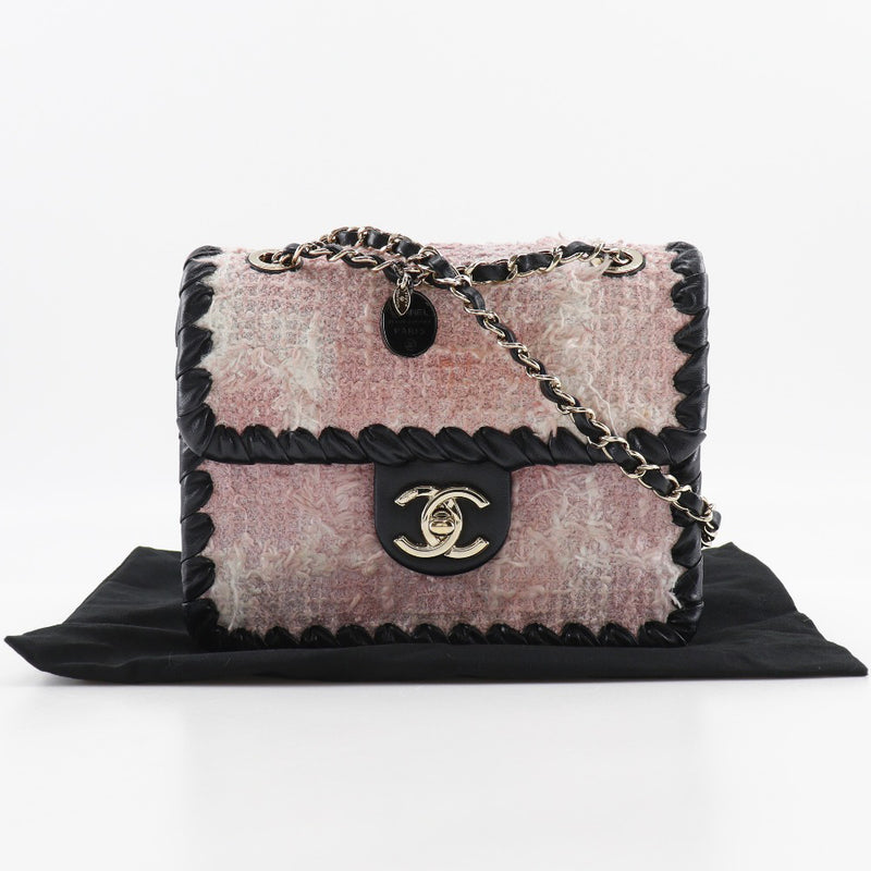 [CHANEL] Chanel MiniChainShoulder Shoulder Bag doubleChain AS2495 Tweed ×Calfskin Raspberry Pink/Black diagonal shoulder turn lock mini chainshouder ladies A-rank