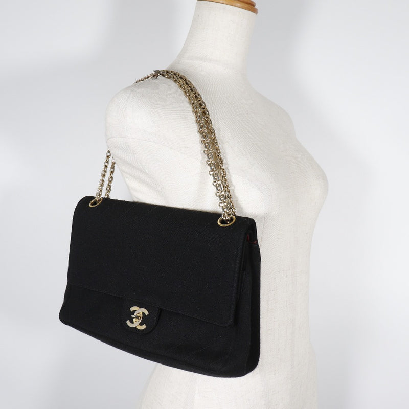 [Chanel] Bolso de hombro de la cadena de Chanel Matelasse Bolso de hombro negro de algodón de doble solapa A5 giran cadena de bloqueo de bloqueo damas