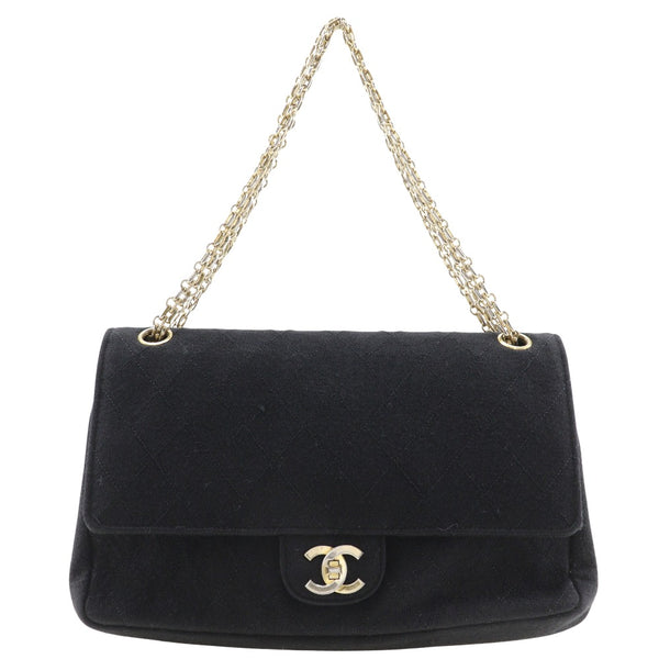 [Chanel] Bolso de hombro de la cadena de Chanel Matelasse Bolso de hombro negro de algodón de doble solapa A5 giran cadena de bloqueo de bloqueo damas