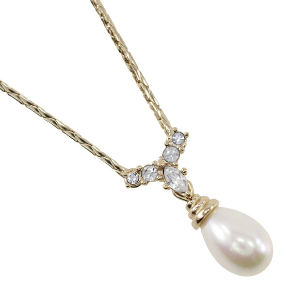 [Dior] Christian Dior Necklace Plated Gold× fake pearl x rhinestone about 5.6g ladies A-rank