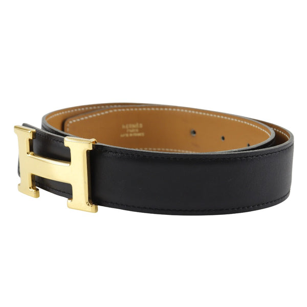 【HERMES】エルメス
 Ｈベルト ベルト
 コンスタンス リバーシブル ボックスカーフ 黒/ゴールド金具 □A刻印 H belt レディース