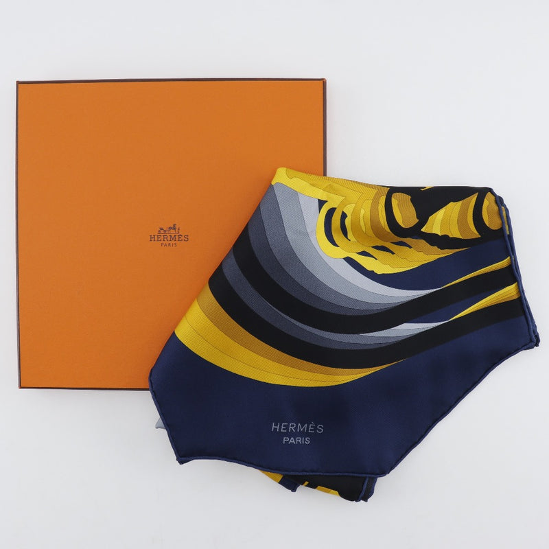 【HERMES】エルメス
 シルクマフラー マキシツイリー スカーフ
 BRIDES DE GALA SHADOW ブリッドドゥガラ シャドー シルク 紺 Silk Scarf Maxi Twilly レディースA+ランク