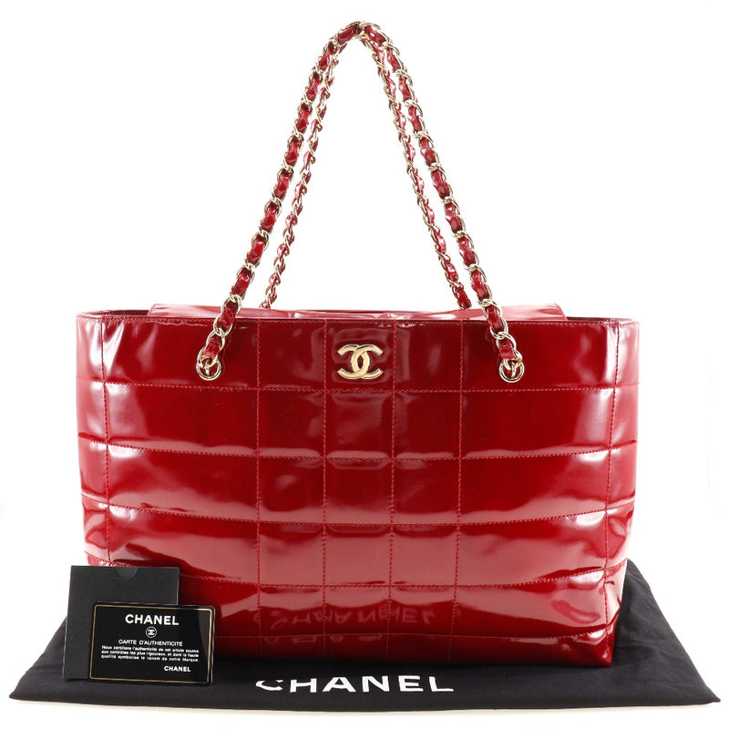 【CHANEL】シャネル
 チェーンバッグ トートバッグ
 ココマーク エナメル 赤 肩掛け 手提げ A4 オープン Chain bag レディースA-ランク