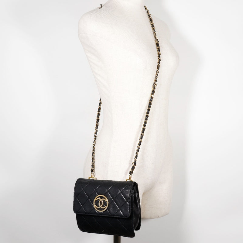 【CHANEL】シャネル
 ミニチェーンショルダー ショルダーバッグ
 マトラッセ ラムスキン 黒 斜め掛け マグネットタイプ Mini ChainShoulder レディース