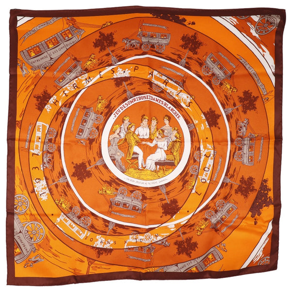 [Hermes] Hermes Care 70 Scarf Jeu des Omnibus et Dames Blanches Omnibus and White Ladies Game Silk Orange Carree70 Ladies a Rank