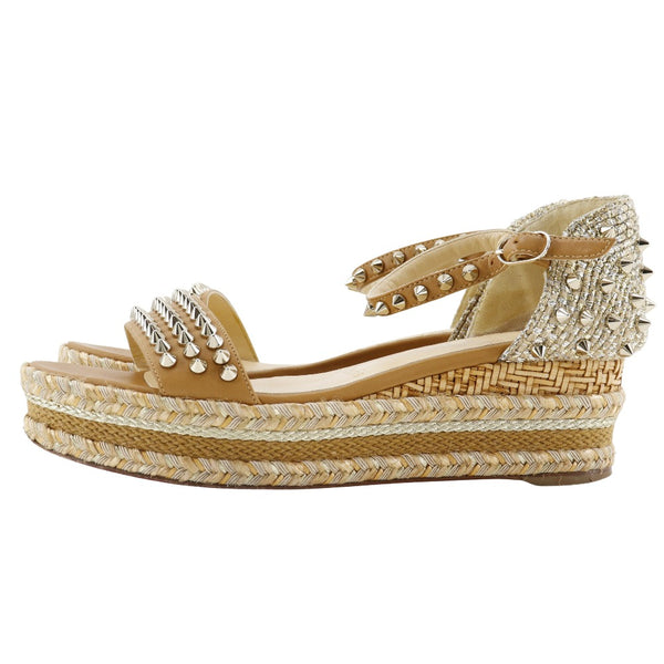 【Christian Louboutin】クリスチャンルブタン
 スタッズエスパドリーユ サンダル
 レザー 茶 Studded espadrilles レディース