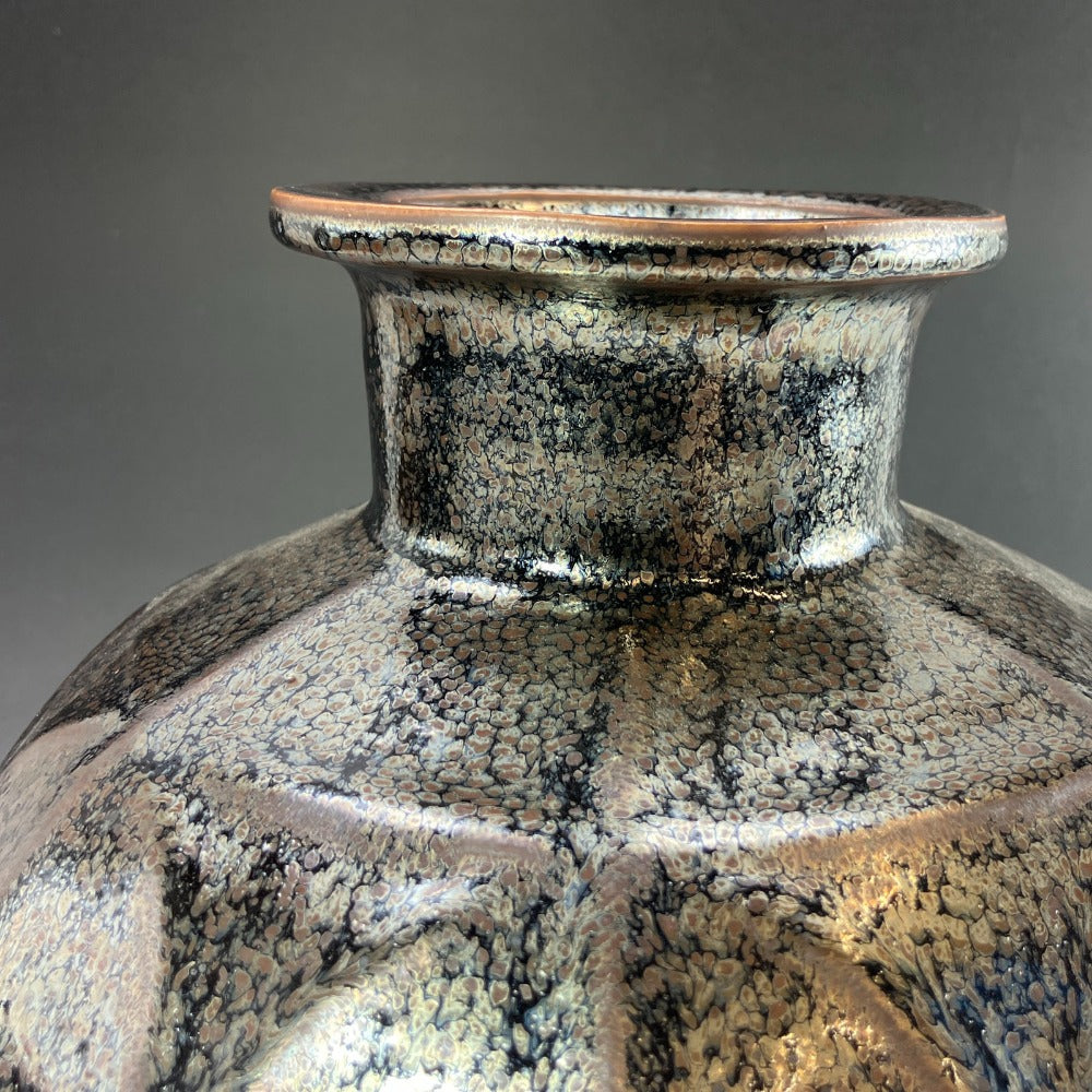 kyoyaki】京焼 木村盛和 造 鉄釉変斑天目花器 陶磁器 _ 花瓶