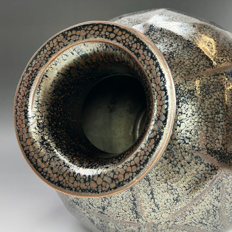 [교야키] 교야키 기무라 모리카즈제 철유 불규칙 무늬 천목 꽃병