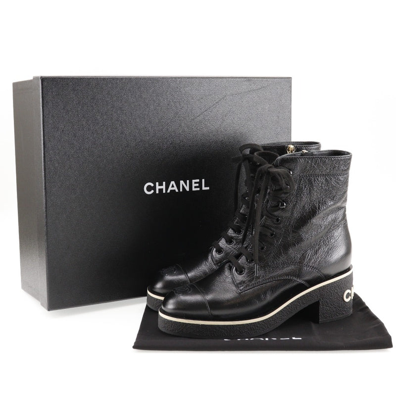 [Chanel] Chanel 
 Encaje -up botas cortas 
 Buck Logo Coco Mark G36435 Cuero Negro 21c Grabado Lace-Up Botas cortas Damas A+Rango