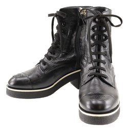 [香奈儿]香奈儿 
 蕾丝 - 短靴 
 Buck Logo Coco Mark G36435皮革黑色21C雕刻鞋带短靴女士A+等级