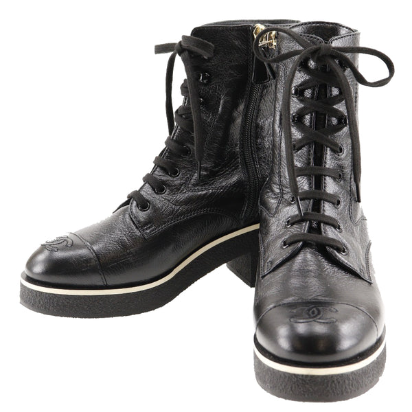 [Chanel] Chanel 
 Encaje -up botas cortas 
 Buck Logo Coco Mark G36435 Cuero Negro 21c Grabado Lace-Up Botas cortas Damas A+Rango