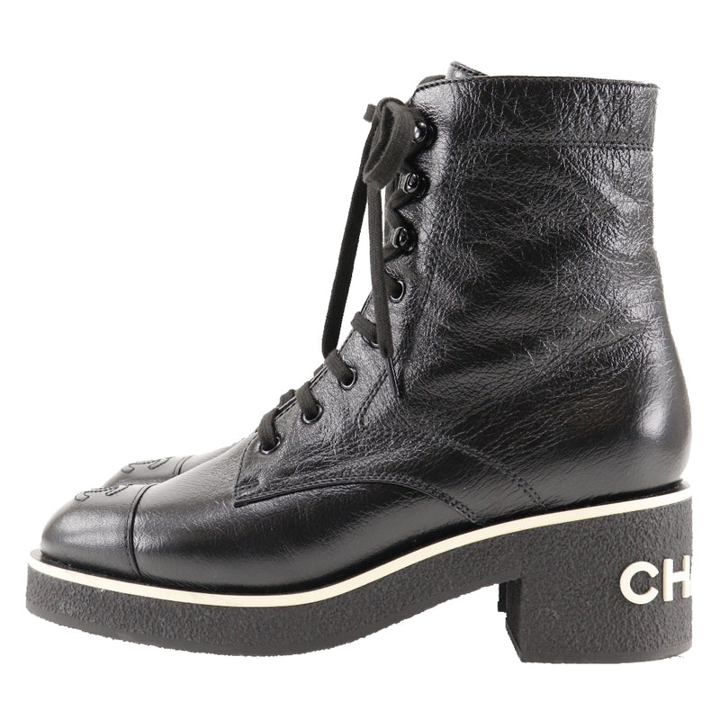 [香奈儿]香奈儿 
 蕾丝 - 短靴 
 Buck Logo Coco Mark G36435皮革黑色21C雕刻鞋带短靴女士A+等级