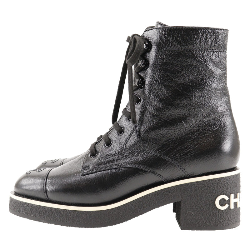 [Chanel] Chanel 
 Encaje -up botas cortas 
 Buck Logo Coco Mark G36435 Cuero Negro 21c Grabado Lace-Up Botas cortas Damas A+Rango