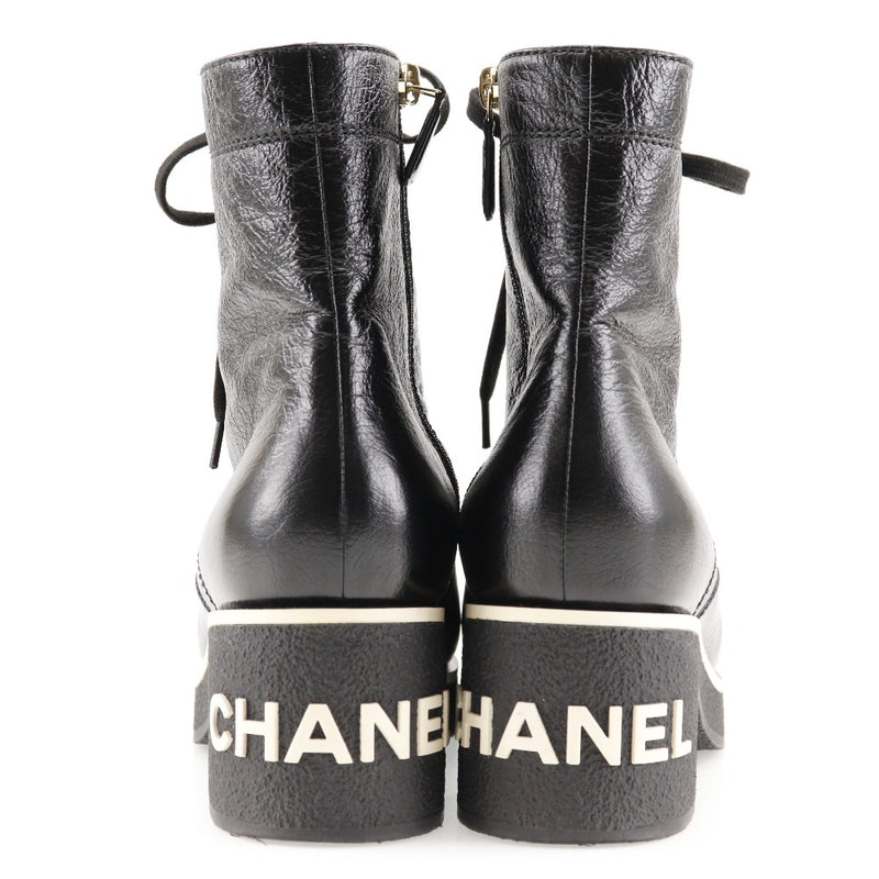 [Chanel] Chanel 
 Encaje -up botas cortas 
 Buck Logo Coco Mark G36435 Cuero Negro 21c Grabado Lace-Up Botas cortas Damas A+Rango