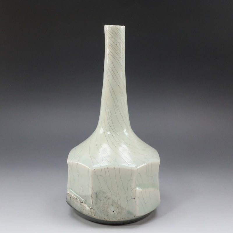 Shigaraki ware】信楽焼 谷寛窯 谷井芳山 作 紅青氷雪白鶴首花入 花瓶