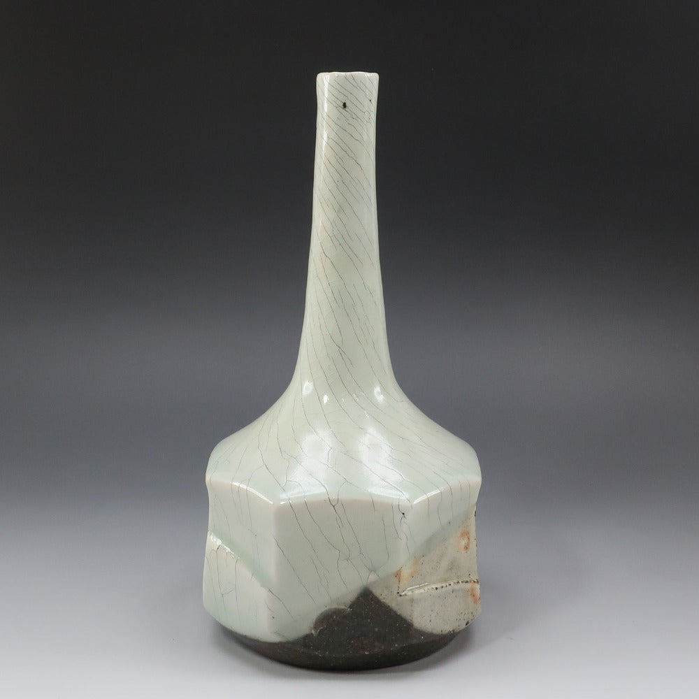 Shigaraki ware】信楽焼 谷寛窯 谷井芳山 作 紅青氷雪白鶴首花入 花瓶