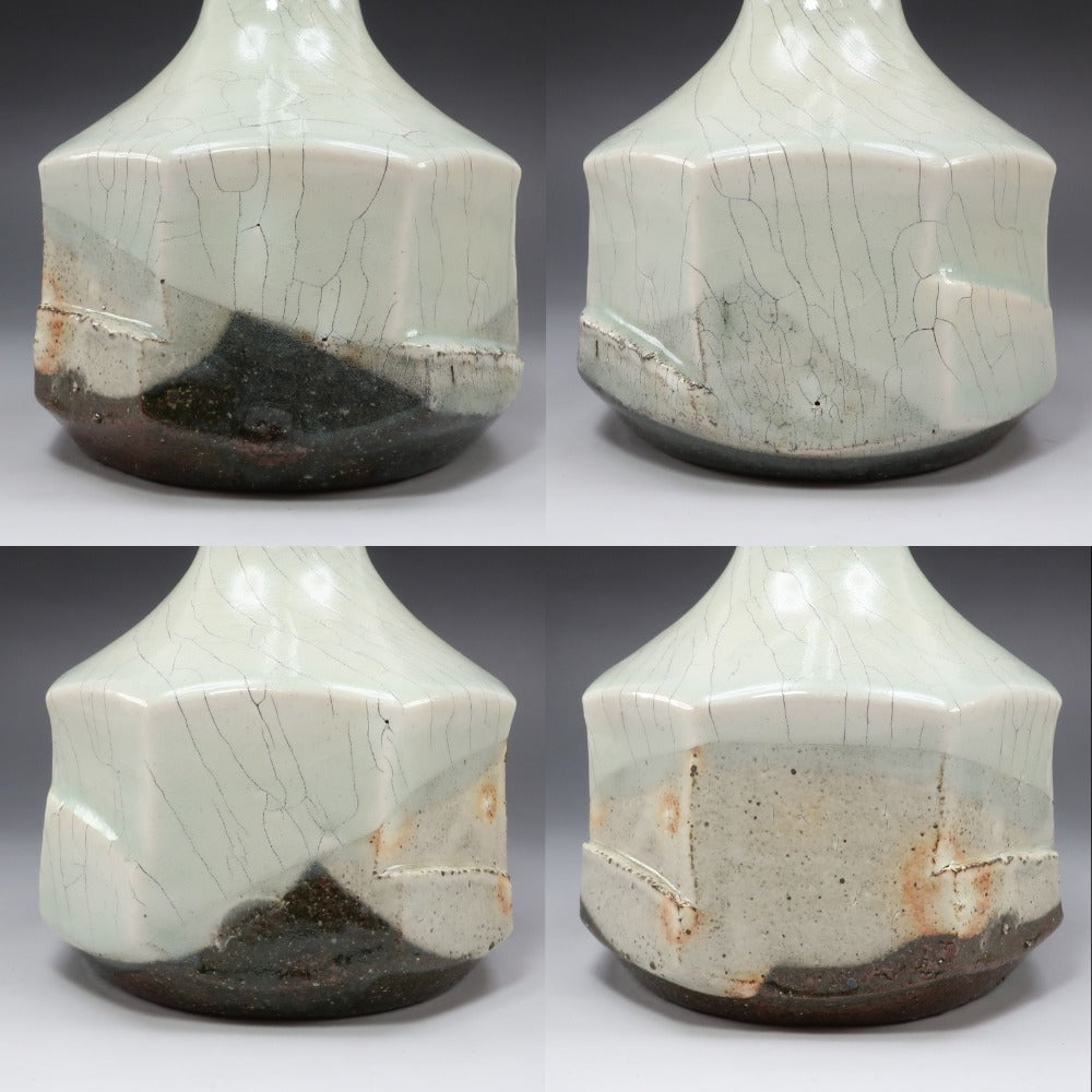 Shigaraki ware】信楽焼 谷寛窯 谷井芳山 作 紅青氷雪白鶴首花入 花瓶