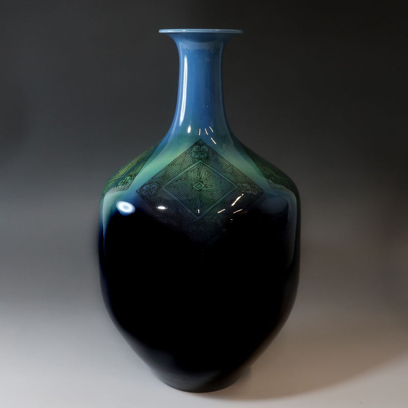 [KUTANIYAKI] Kutani ware Living National Treasure [Tercera generación Yasokichi Tokuda] Jarrón de diseño fino esmaltado Aoi Ming hecho