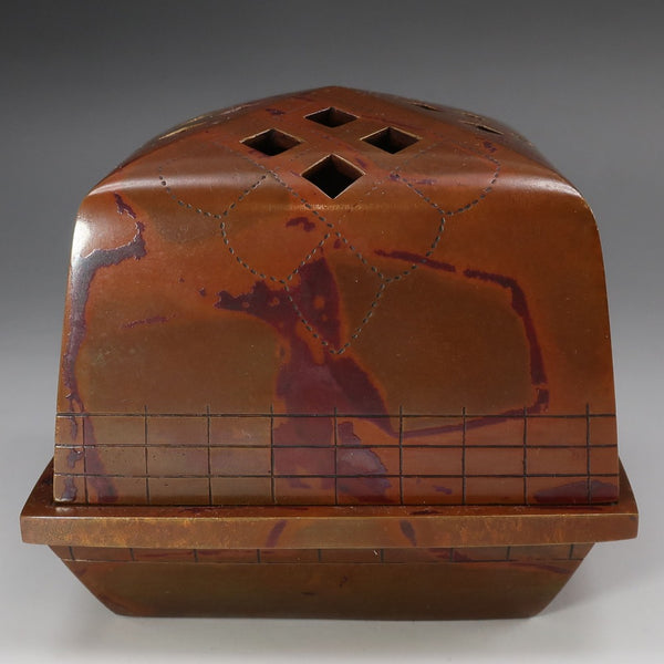 Quemador de incienso con patrón de hortensias de cobre rojo de Shugoro Hasuda antiguo