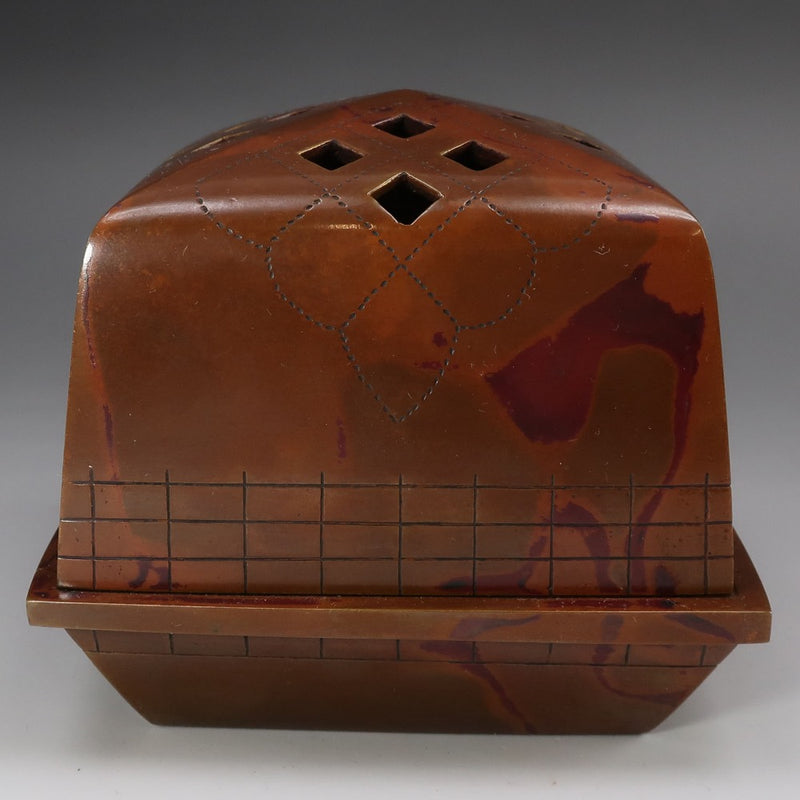 Quemador de incienso con patrón de hortensias de cobre rojo de Shugoro Hasuda antiguo