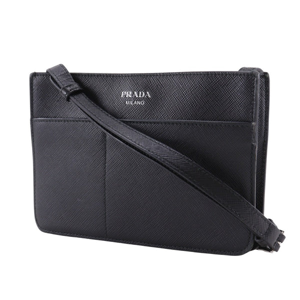 【PRADA】プラダ
 ミニショルダー ショルダーバッグ
 サフィアーノ 黒 斜め掛け スナップボタン Mini Shoulder ユニセックスB-ランク