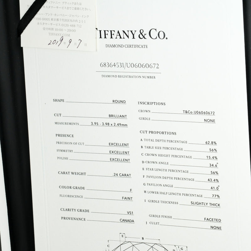 【TIFFANY&Co.】ティファニー
 ソリティア 9号 リング・指輪
 0.24ct VS1/F/3EX Pt950プラチナ×ダイヤモンド 約3.59g Solitaire レディースAランク