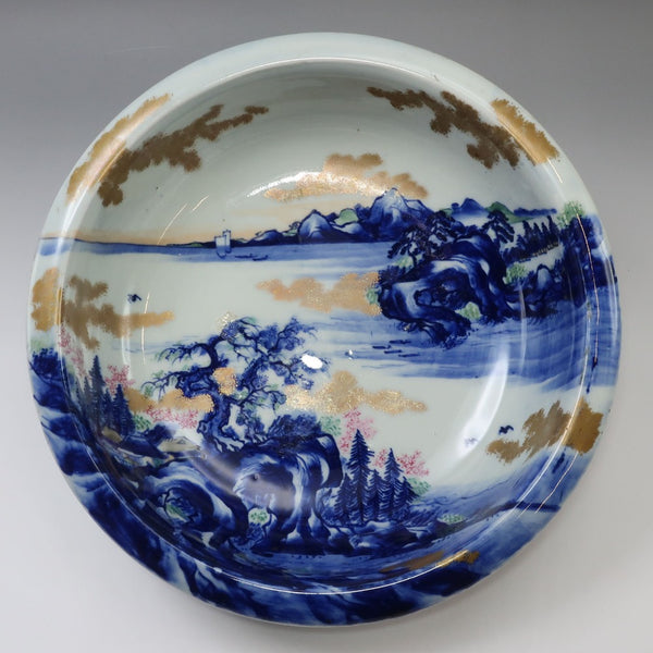 【ARITA】有田焼 肥蝶山 平林製 色絵金彩山水風景画 菓子鉢 骨董品