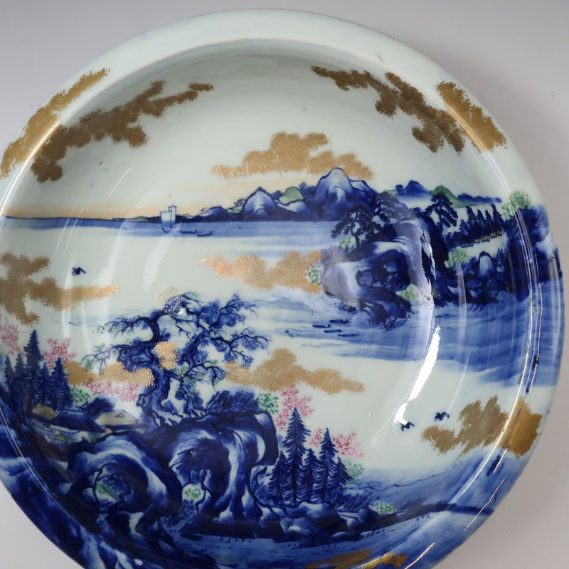 【ARITA】有田焼 肥蝶山 平林製 色絵金彩山水風景画 菓子鉢 骨董品