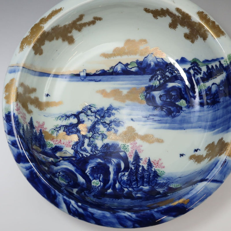 【ARITA】有田焼 肥蝶山 平林製 色絵金彩山水風景画 菓子鉢 骨董品