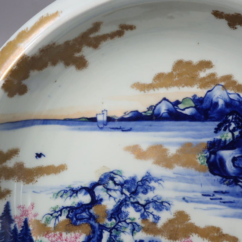 【ARITA】有田焼 肥蝶山 平林製 色絵金彩山水風景画 菓子鉢 骨董品