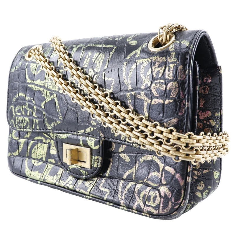 [Chanel] Chanel 
 Cadena de hombro 2.55 Bolso de hombro 
 Graffiti cuero en relieve negro/oro diagonal colgante giran cadena de bloqueo de bloqueo 2.55 damas un rango