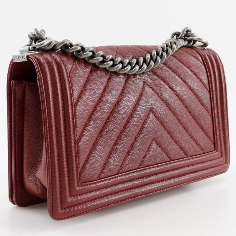 [CHANEL] Chanel ChainShoulder Shoulder Bag Boy Channel 25 V Stitch A67086 Caviar Skin Wine Red Diagonal Ladies A-Rank