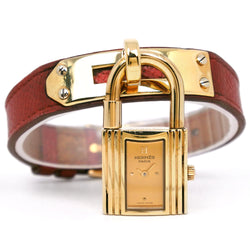 [Hermes] Hermes Kelly Watch Watch Gold Plating x Red de cuero □ Una pantalla analógica de cuarzo grabada dorado kelly watch damas