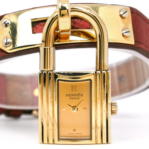 [HERMES] Hermes 
 Kelly Watch Watch 
 Plated Gold× Leather red □ a engraved Quartz Analog display Gold dial Kelly Watch Ladies