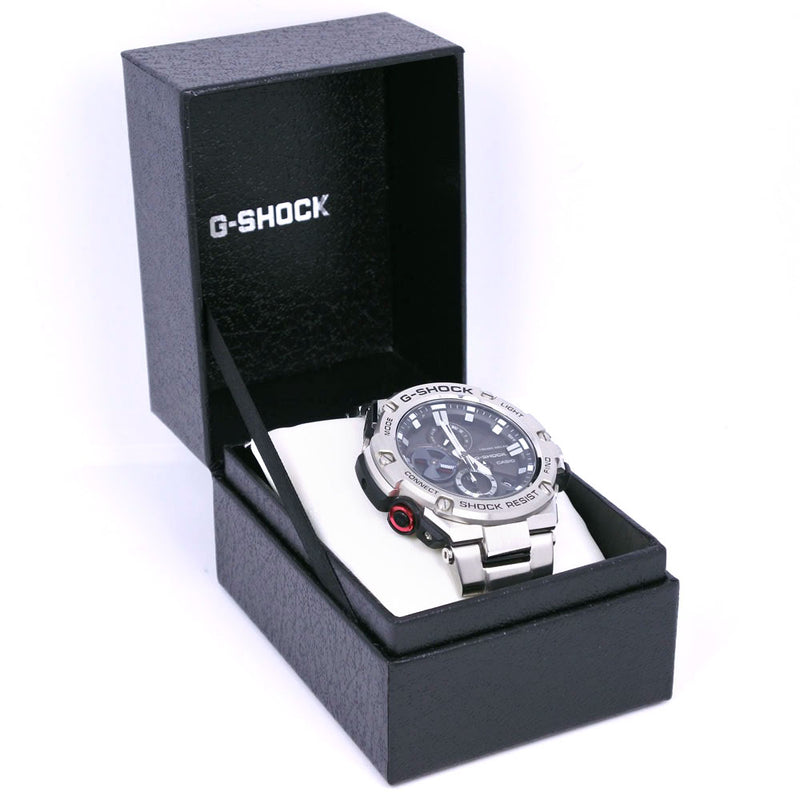 【CASIO】カシオ
 Ｇショック 腕時計
 スマートリンク GST-B100 ステンレススチール シルバー ソーラー時計 クロノグラフ 黒文字盤 G shock メンズAランク