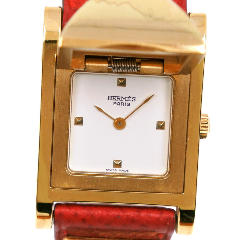 [Hermes] Hermes 
 Reloj Medor 
 Chapado de oro x cuero rojo/dorado 〇y mi cuarzo grabado diale damas medor damas