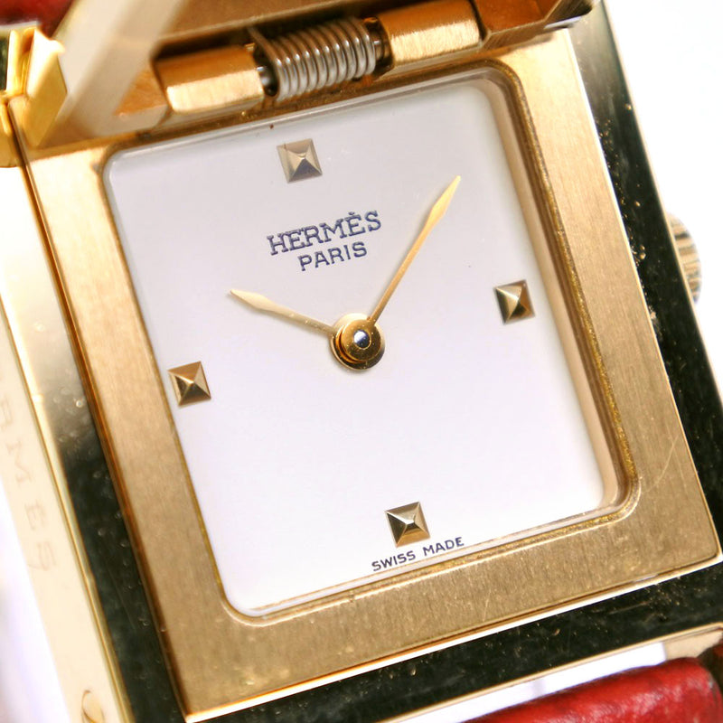 【HERMES】エルメス
 メドール 腕時計
 金メッキ×レザー 赤/ゴールド 〇Y刻印 クオーツ 白文字盤 Medor レディース